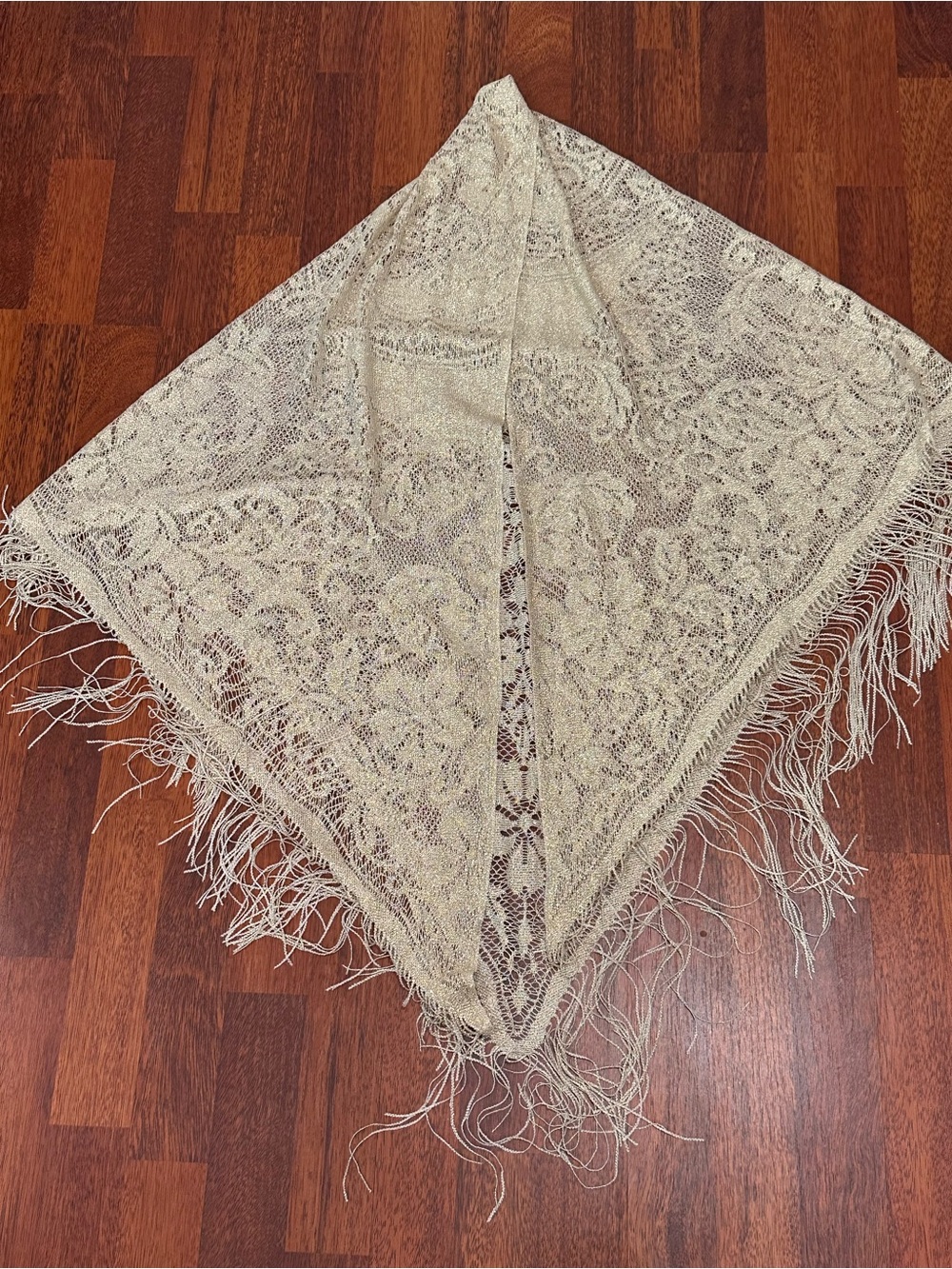 Bohemian Fringe Open-Front Knit Pashmina - Gold/Beige Floral pattern. Festival. - Picture 6 of 11